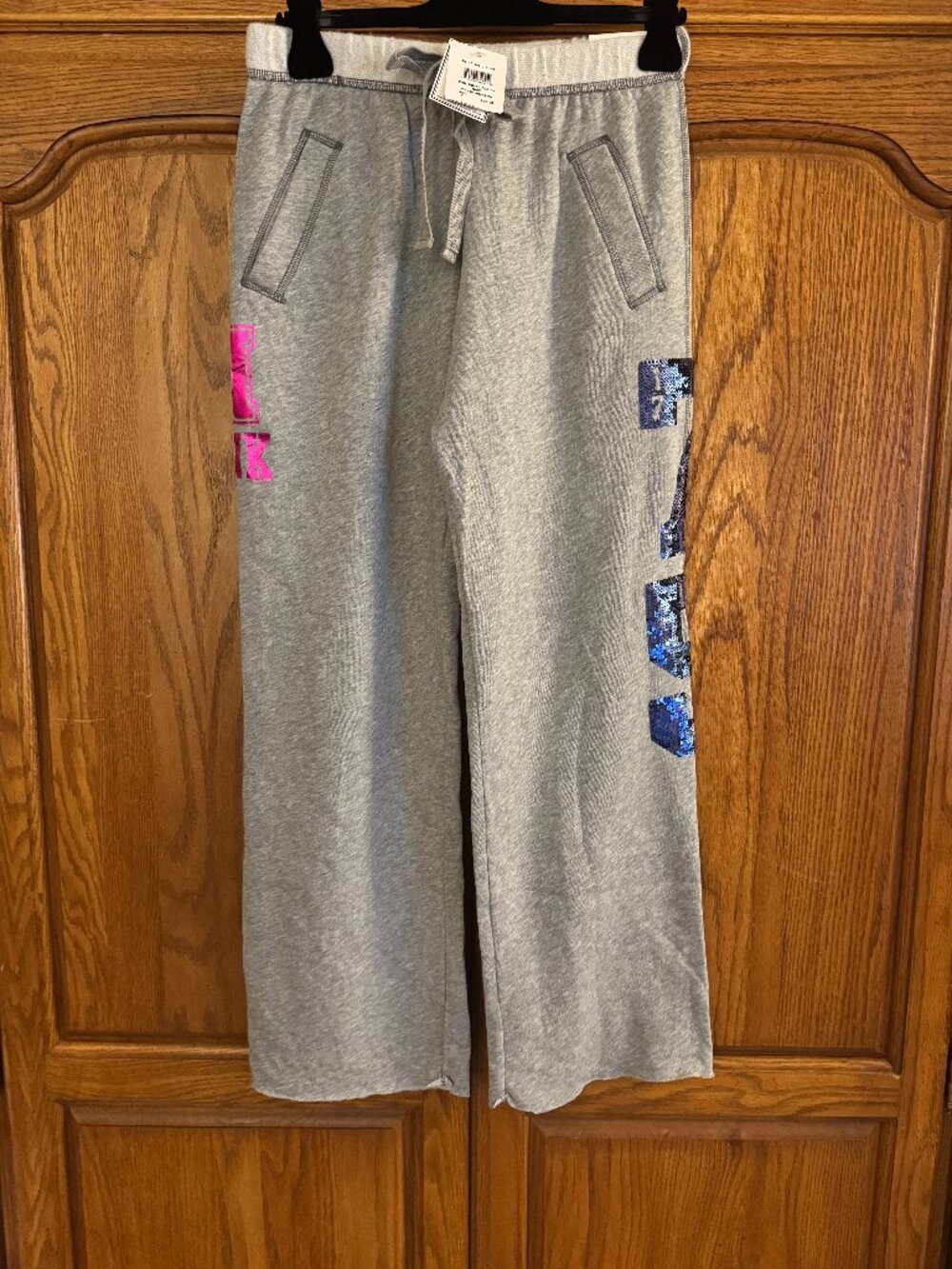 PINK VS Military Collection Gray Track Pants with Pink & Blue Lettering